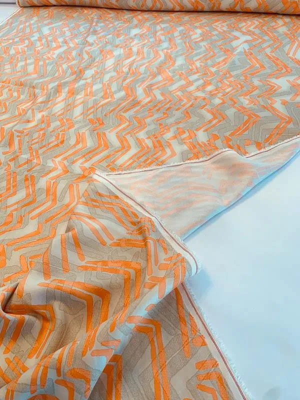 Abstract Broken Chevron Printed Baby Silk Gabardine - Sand / Orange