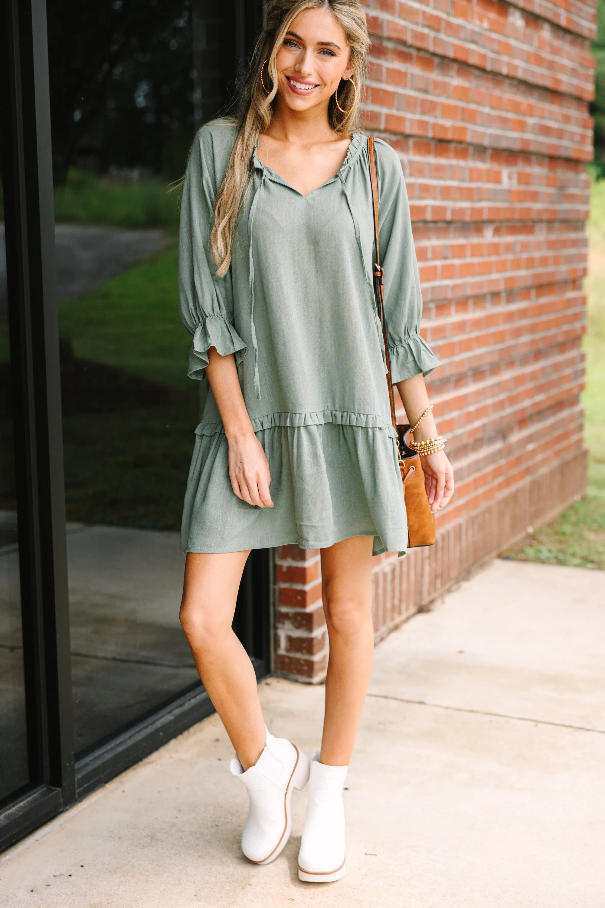 Always In The Lead Olive Green Linen Dress