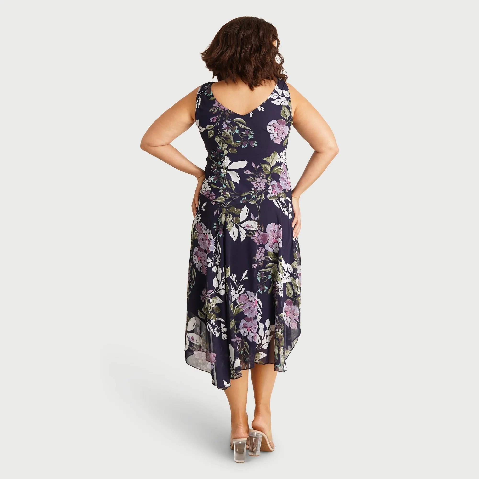 Audrey Navy Floral Asymmetrical Midi Dress