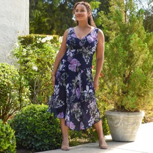 Audrey Navy Floral Asymmetrical Midi Dress
