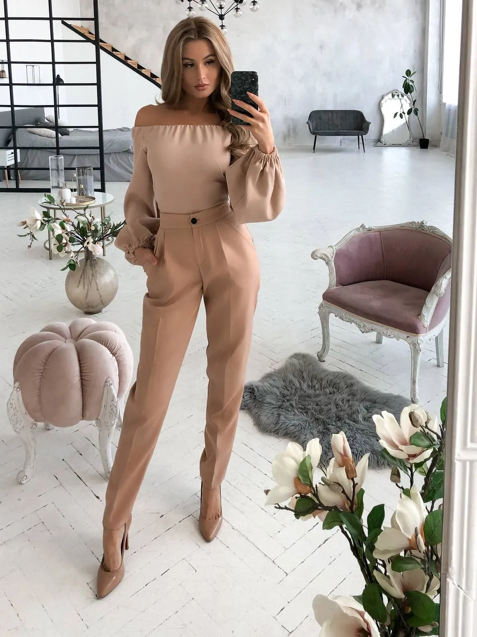 Beige High Waisted  Regular Fit Pants