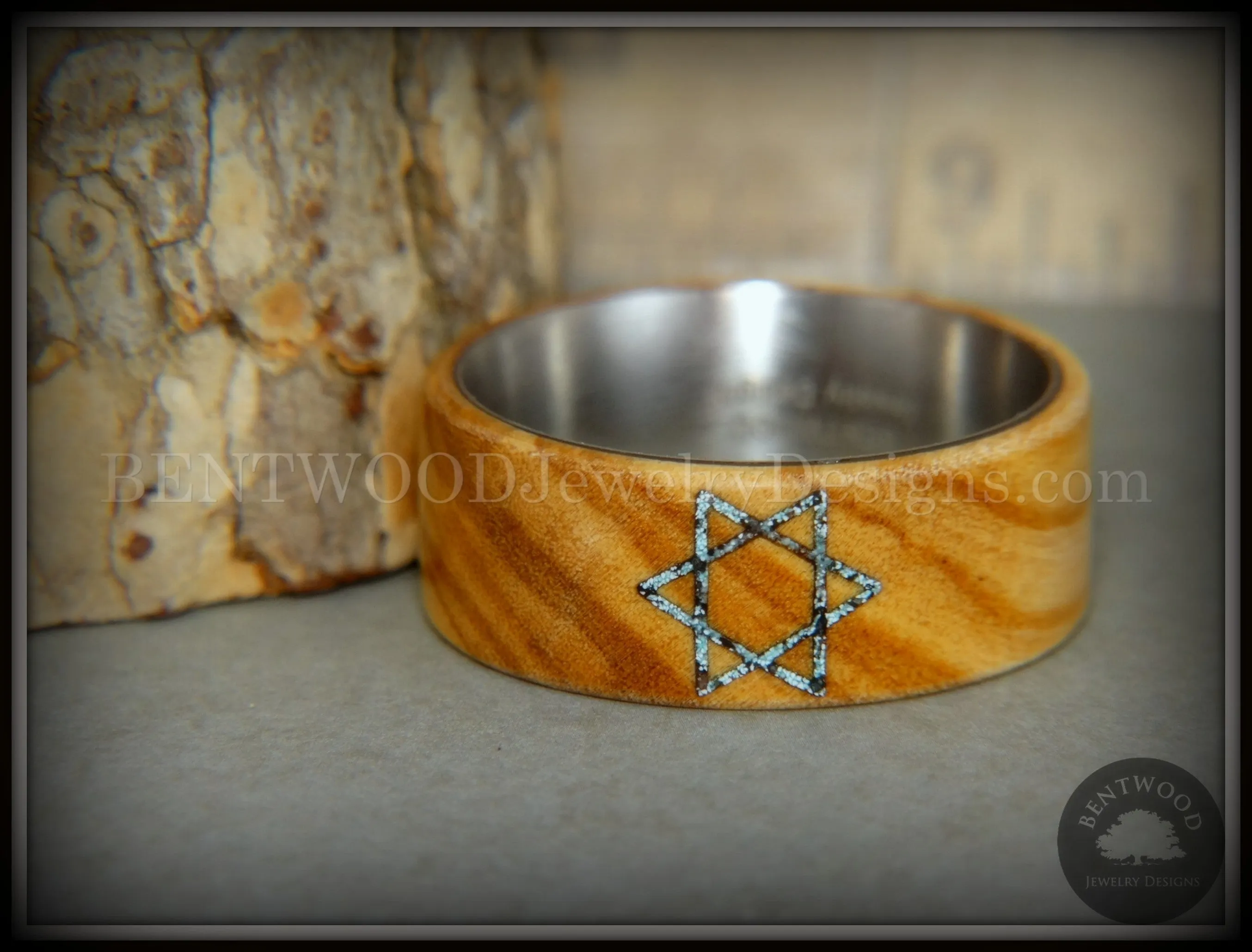Bentwood Ring - "Star of David" Bethlehem Olivewood with Patina Copper Iron Sands