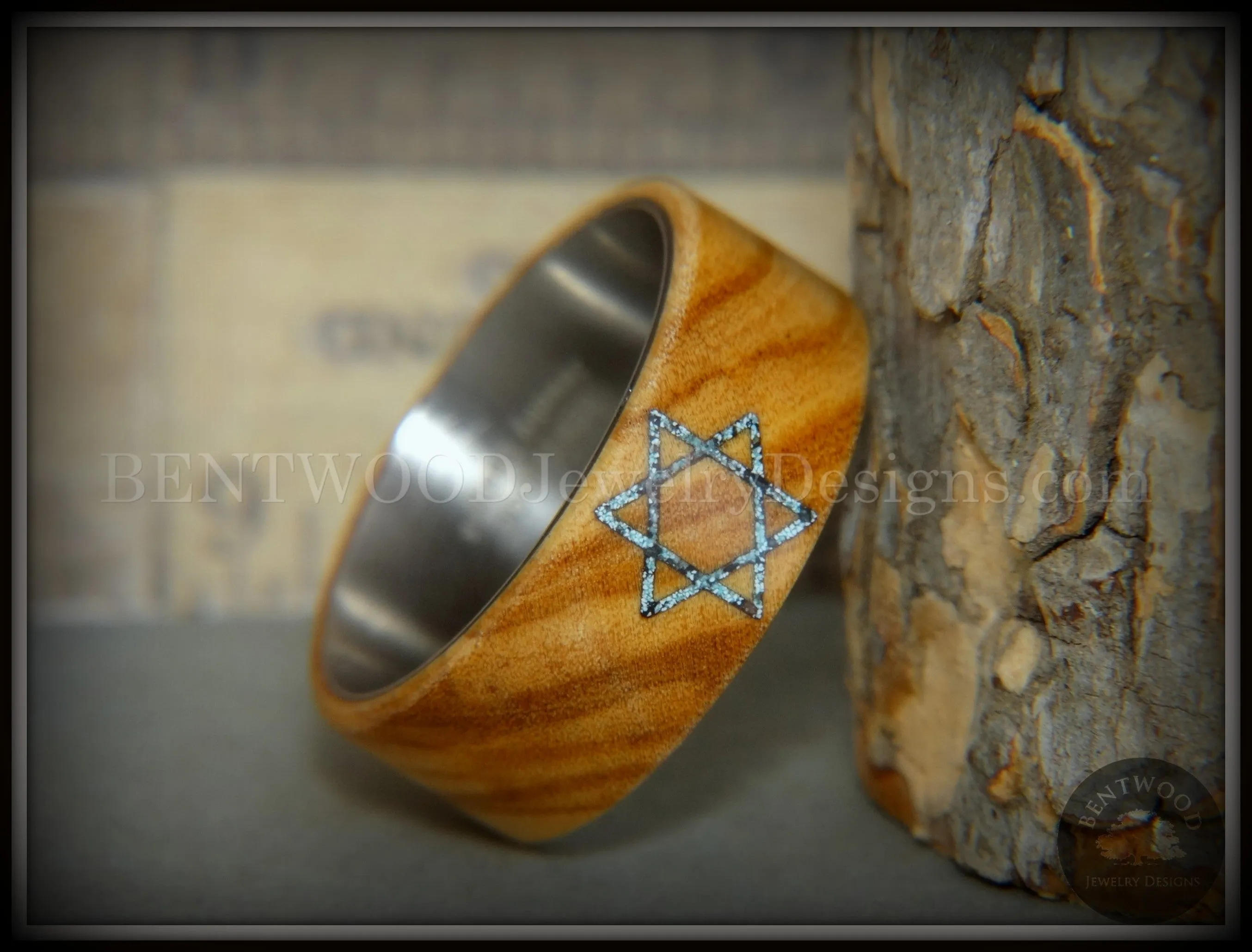 Bentwood Ring - "Star of David" Bethlehem Olivewood with Patina Copper Iron Sands