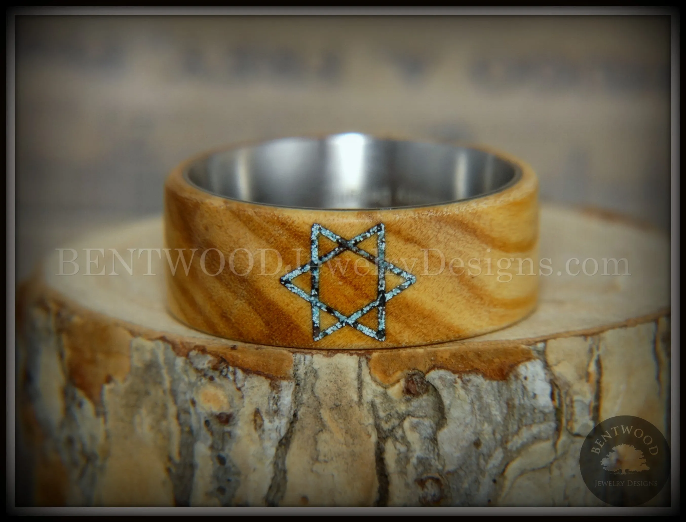 Bentwood Ring - "Star of David" Bethlehem Olivewood with Patina Copper Iron Sands