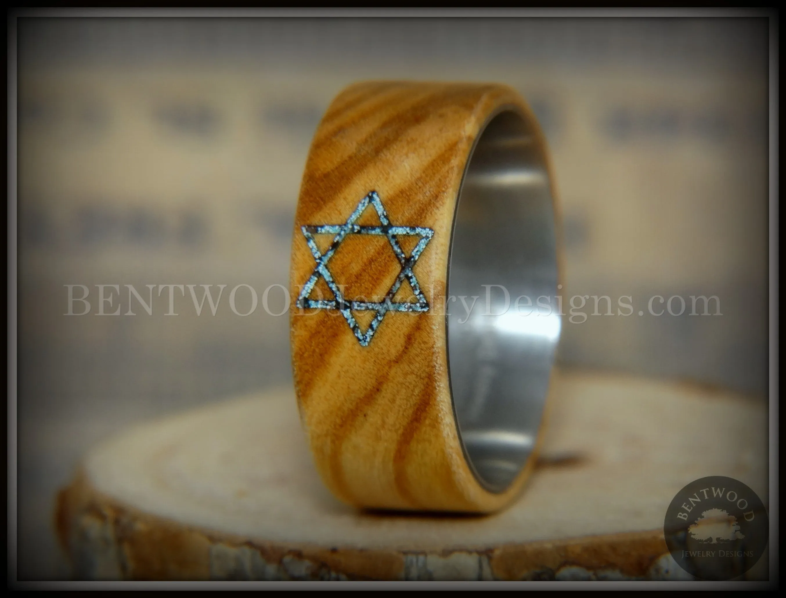 Bentwood Ring - "Star of David" Bethlehem Olivewood with Patina Copper Iron Sands