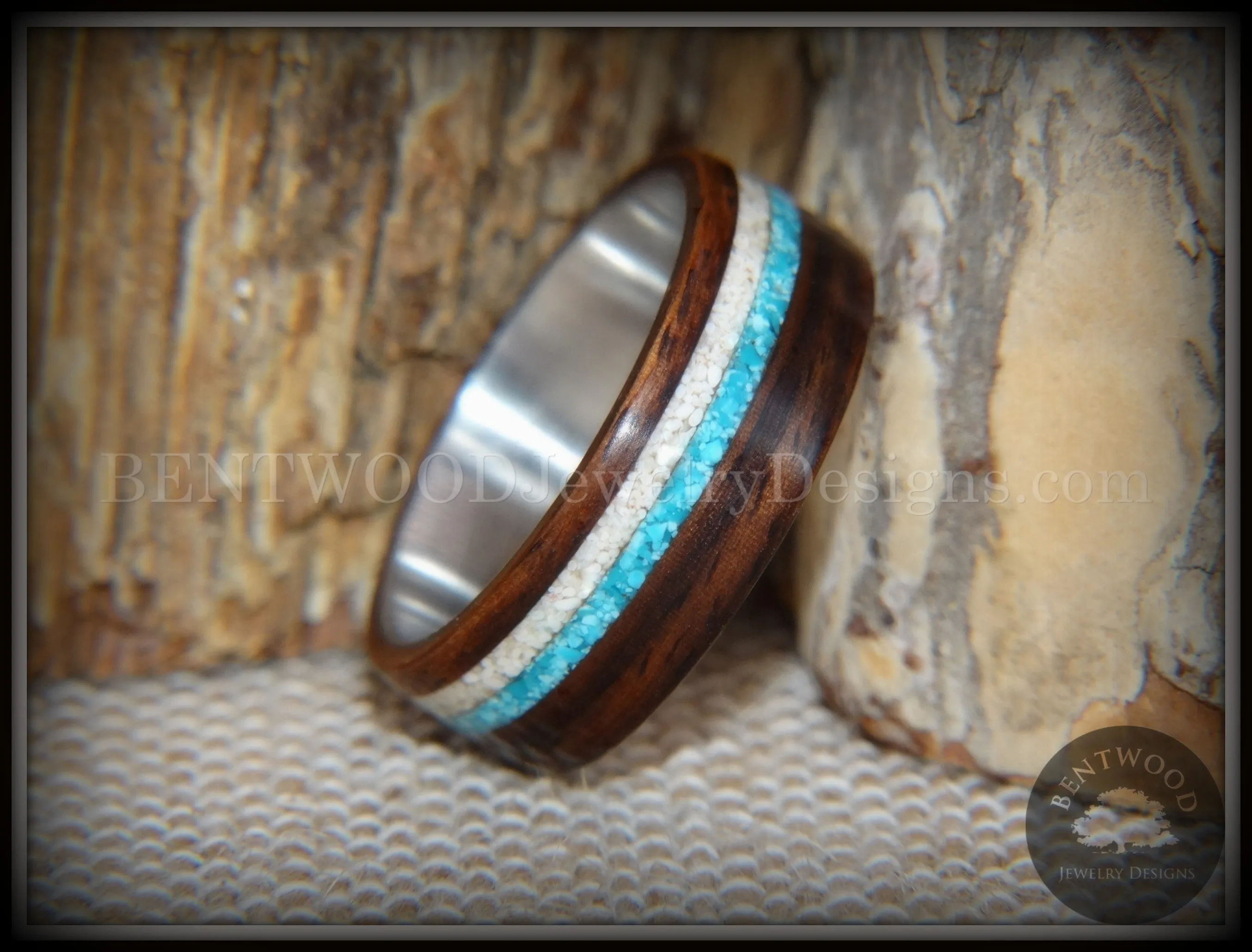 Bentwood Rings Set - "Paired Single" Rosewood Wood Ring with Sleeping Beauty Turquoise and Beach Sand Inlay