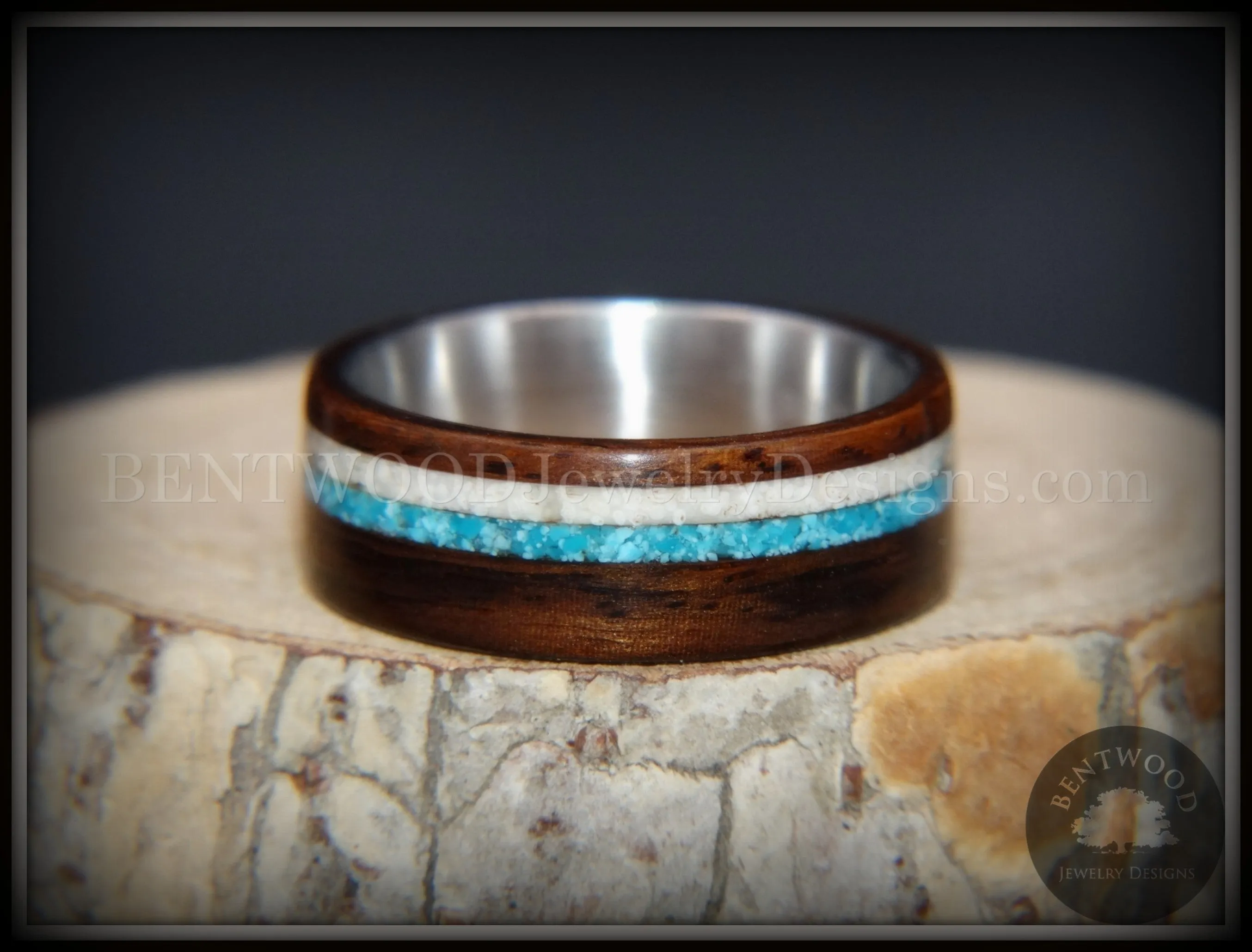 Bentwood Rings Set - "Paired Single" Rosewood Wood Ring with Sleeping Beauty Turquoise and Beach Sand Inlay