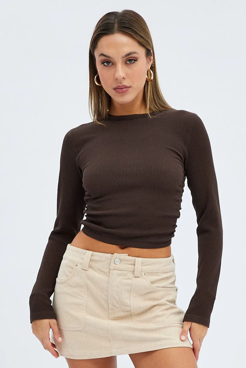 Brown Top Long Sleeve Cowl Neck Seamless
