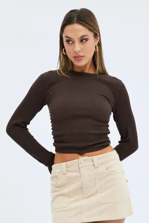 Brown Top Long Sleeve Cowl Neck Seamless