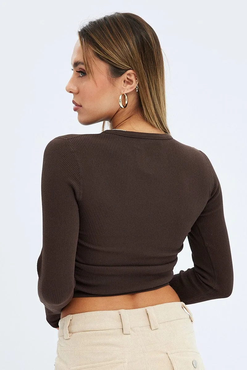 Brown Top Long Sleeve Cowl Neck Seamless