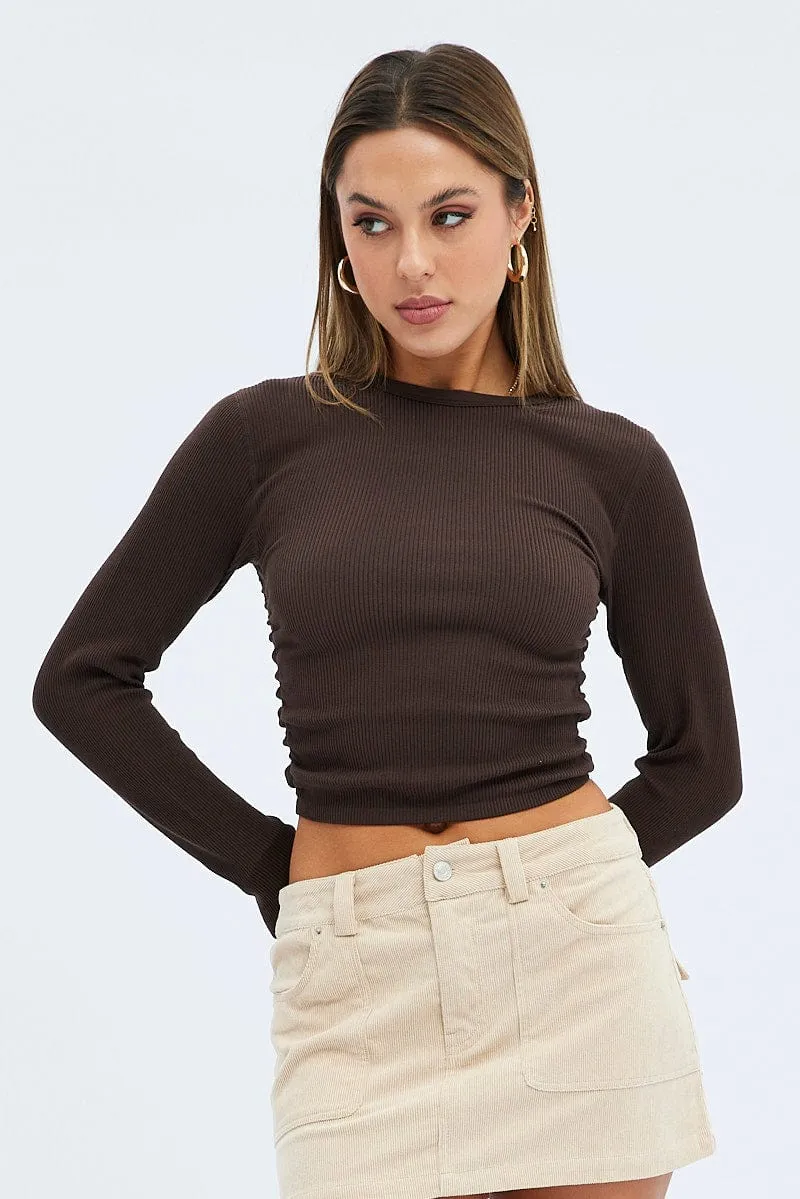 Brown Top Long Sleeve Cowl Neck Seamless