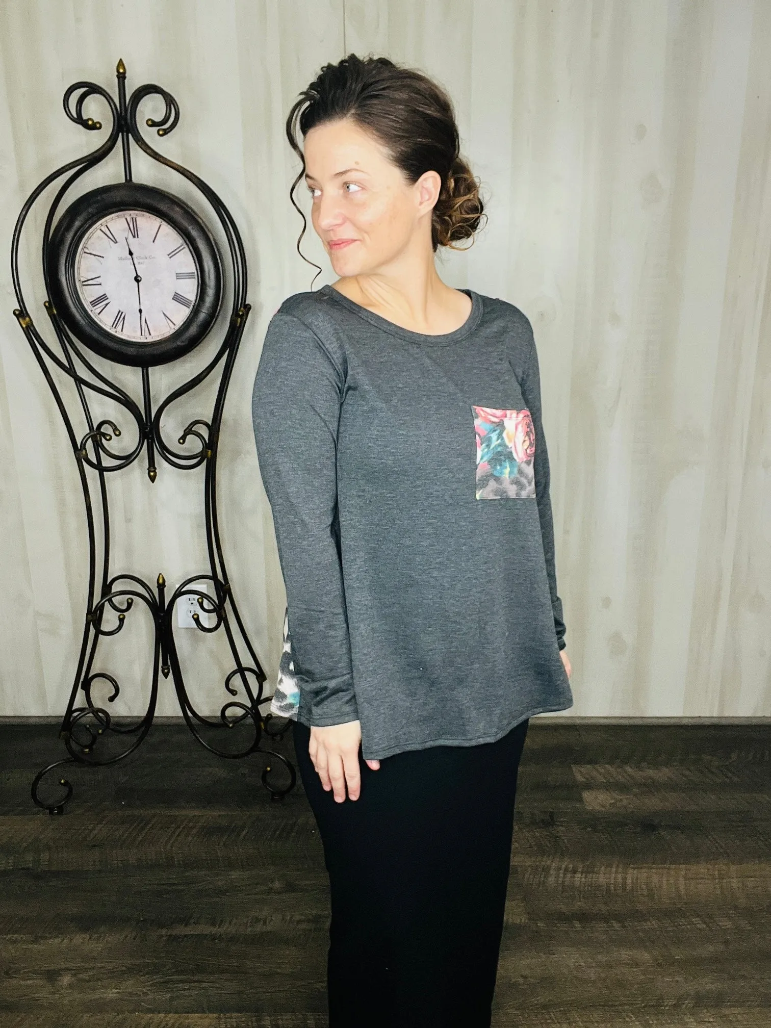Charcoal & Floral Print Top
