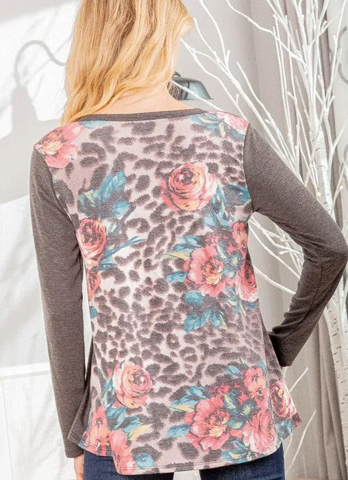 Charcoal & Floral Print Top