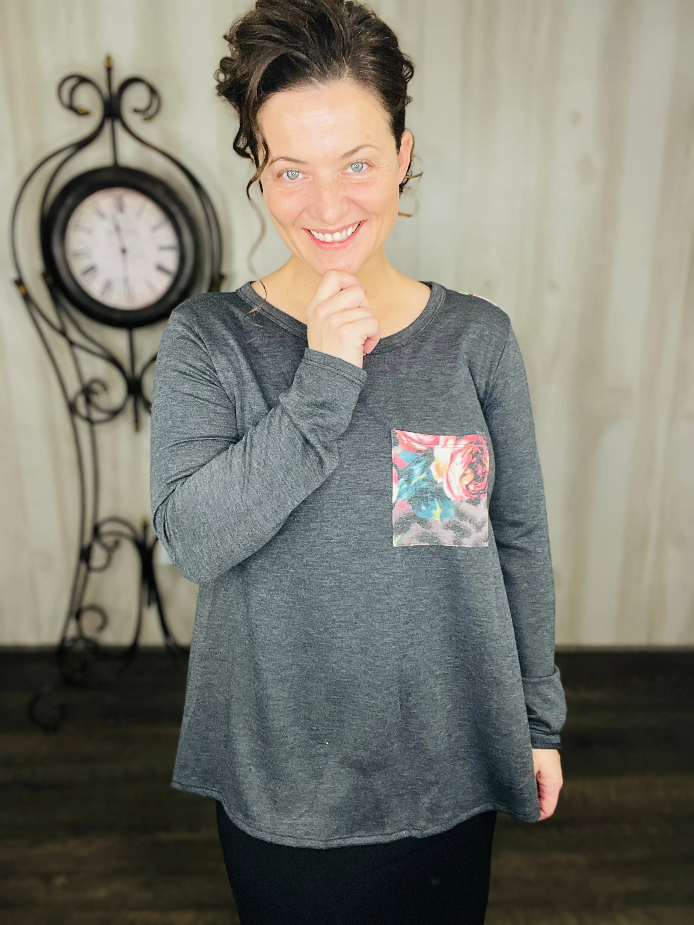 Charcoal & Floral Print Top