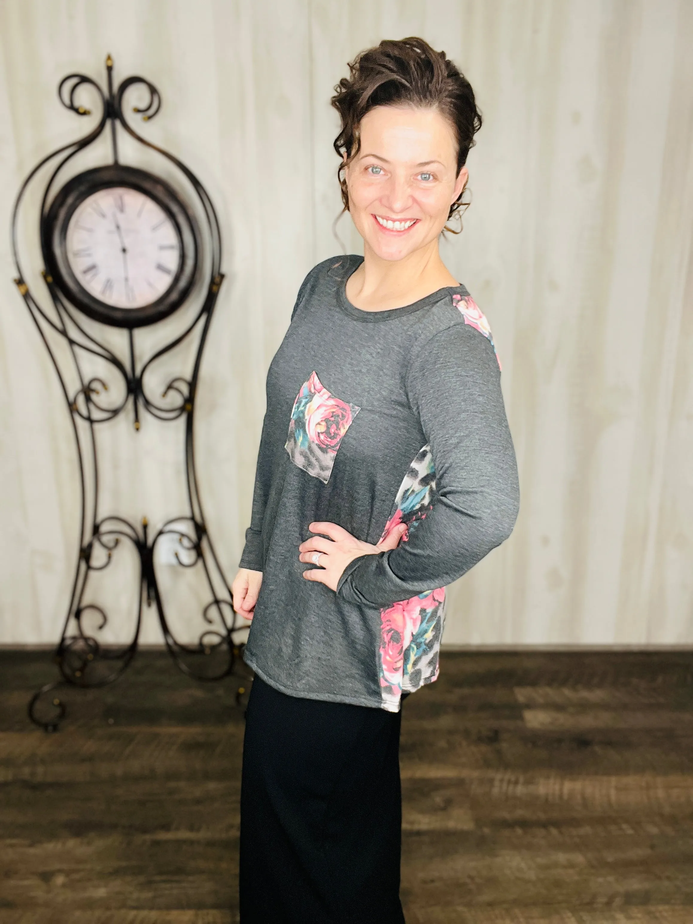 Charcoal & Floral Print Top