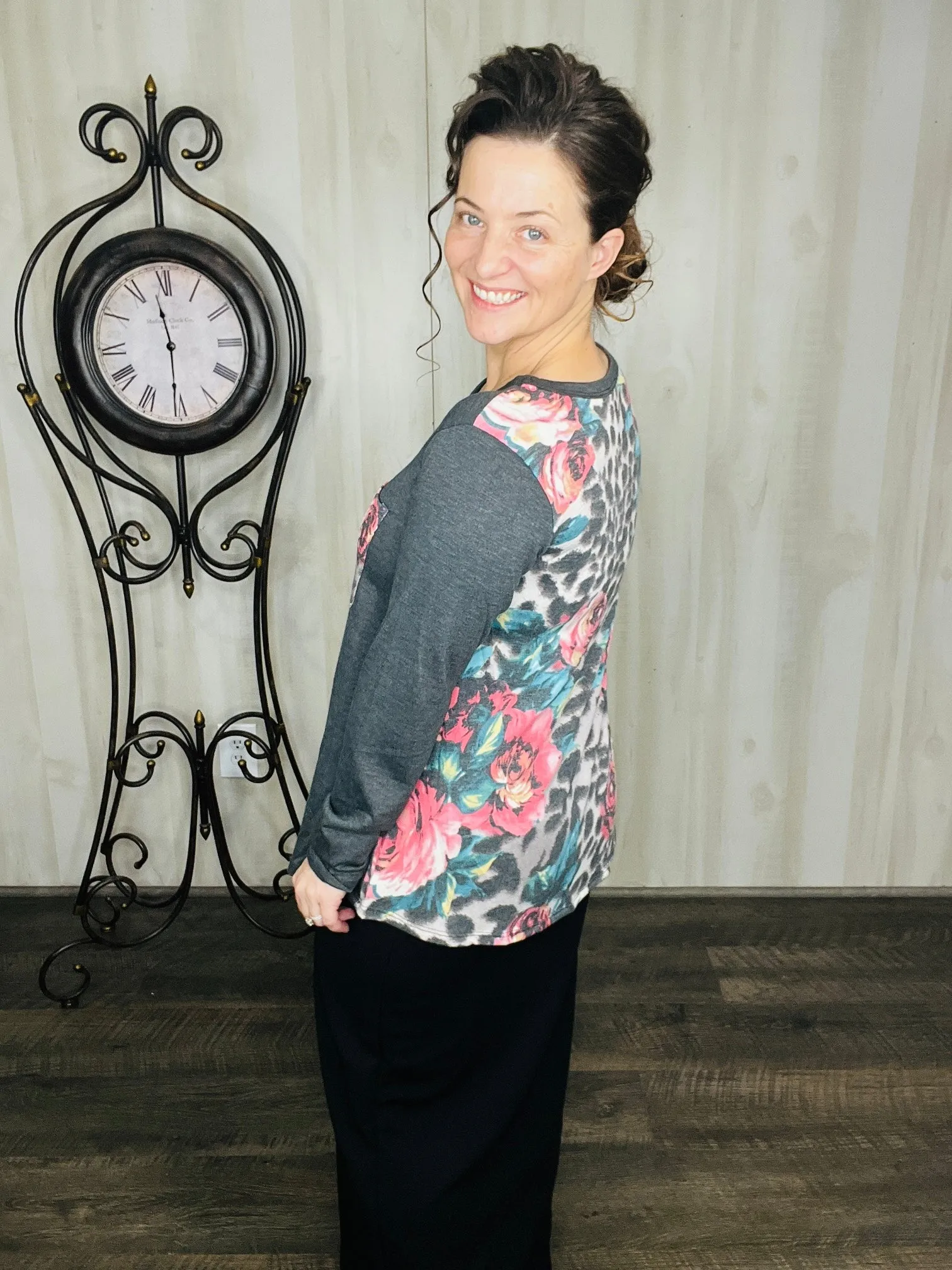 Charcoal & Floral Print Top