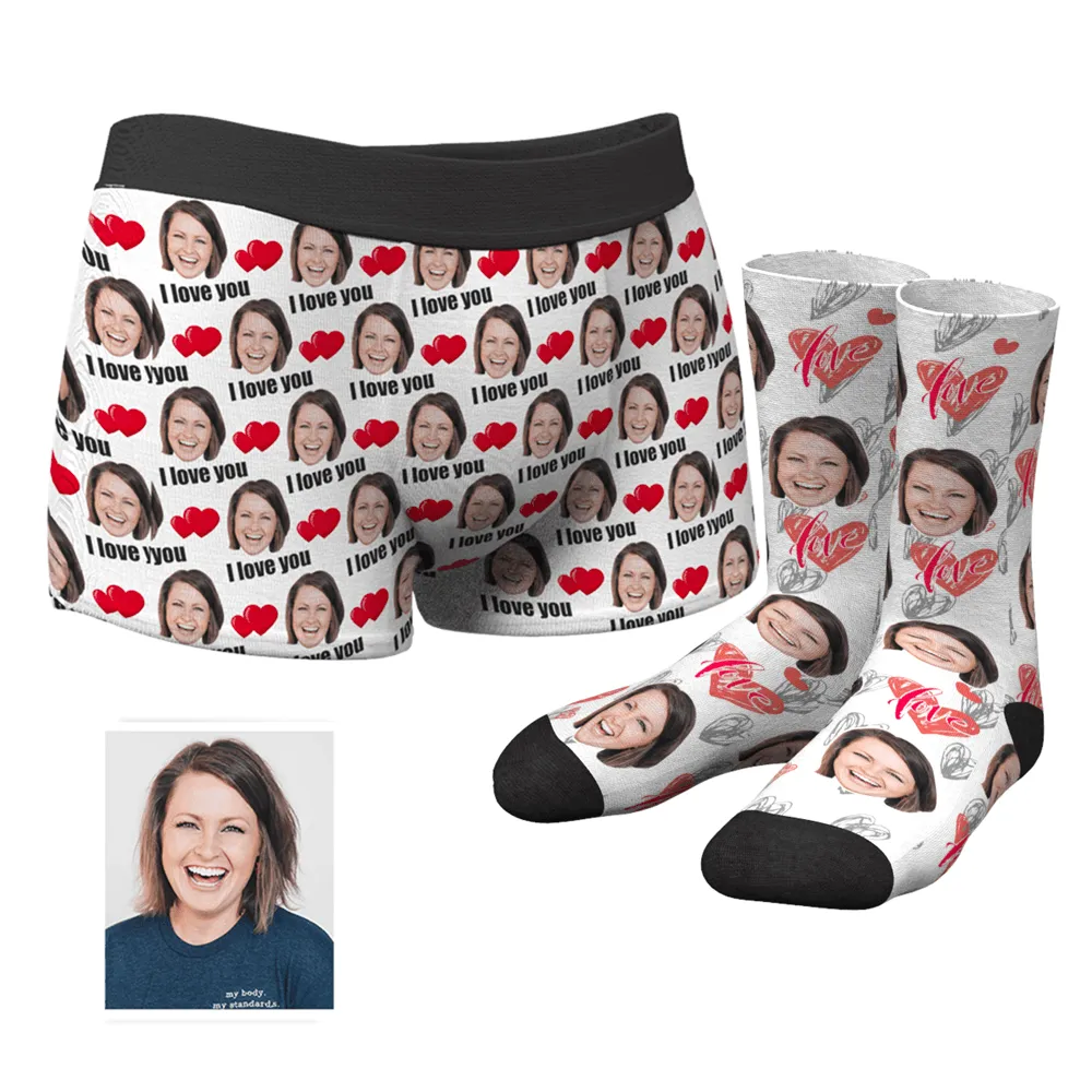Couple Men's Custom Love Boxer Shorts And Socks Set