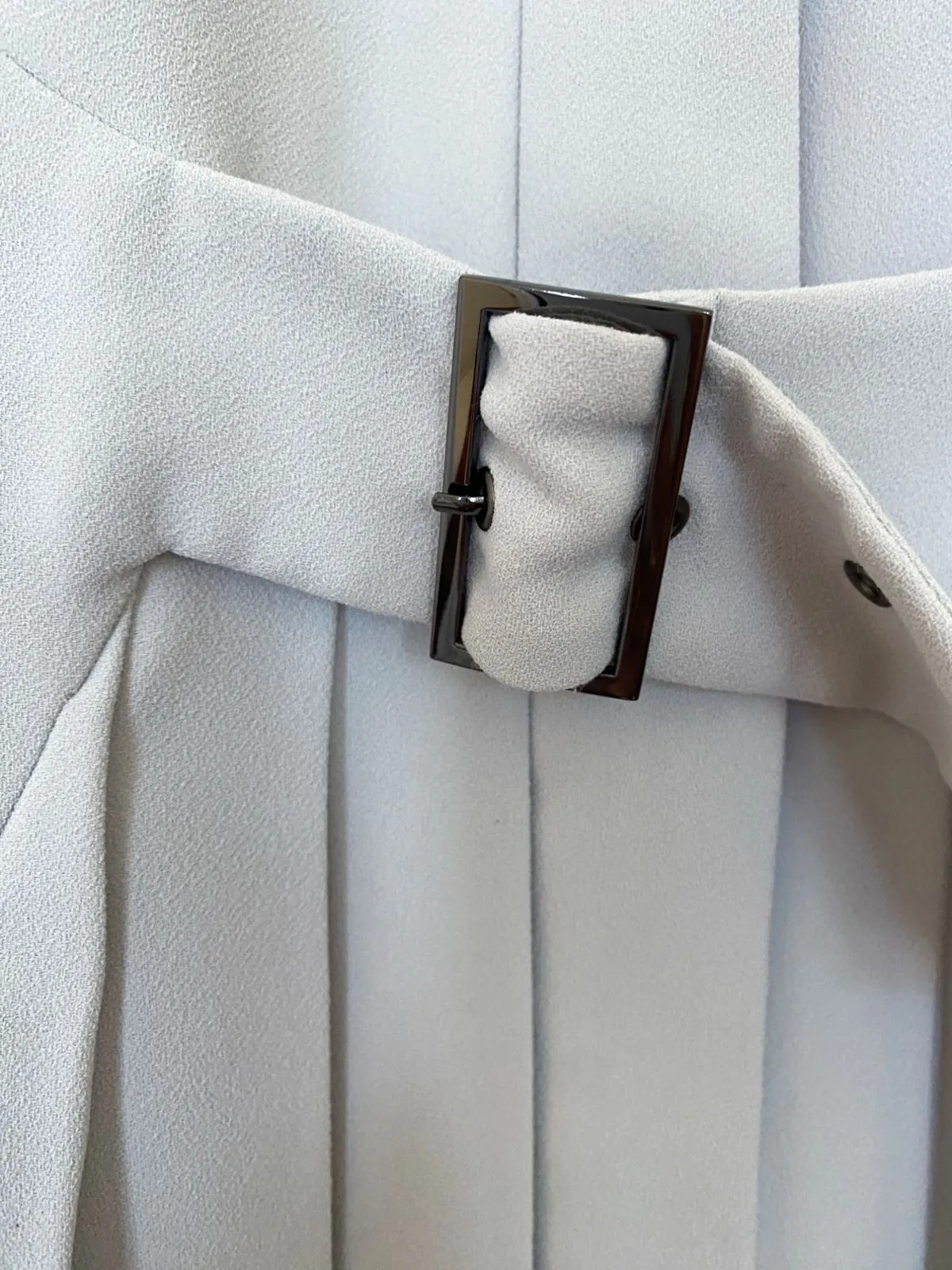 CUE Cut-Out Blazer Dress | Light Grey, Jacket, Shoulder Pads,  Pleated, Belted