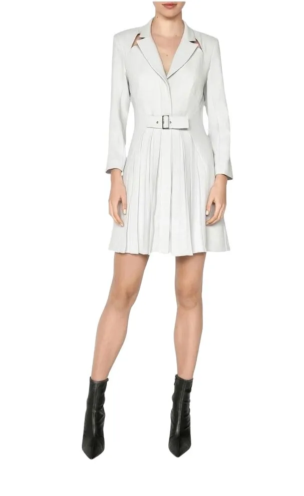 CUE Cut-Out Blazer Dress | Light Grey, Jacket, Shoulder Pads,  Pleated, Belted