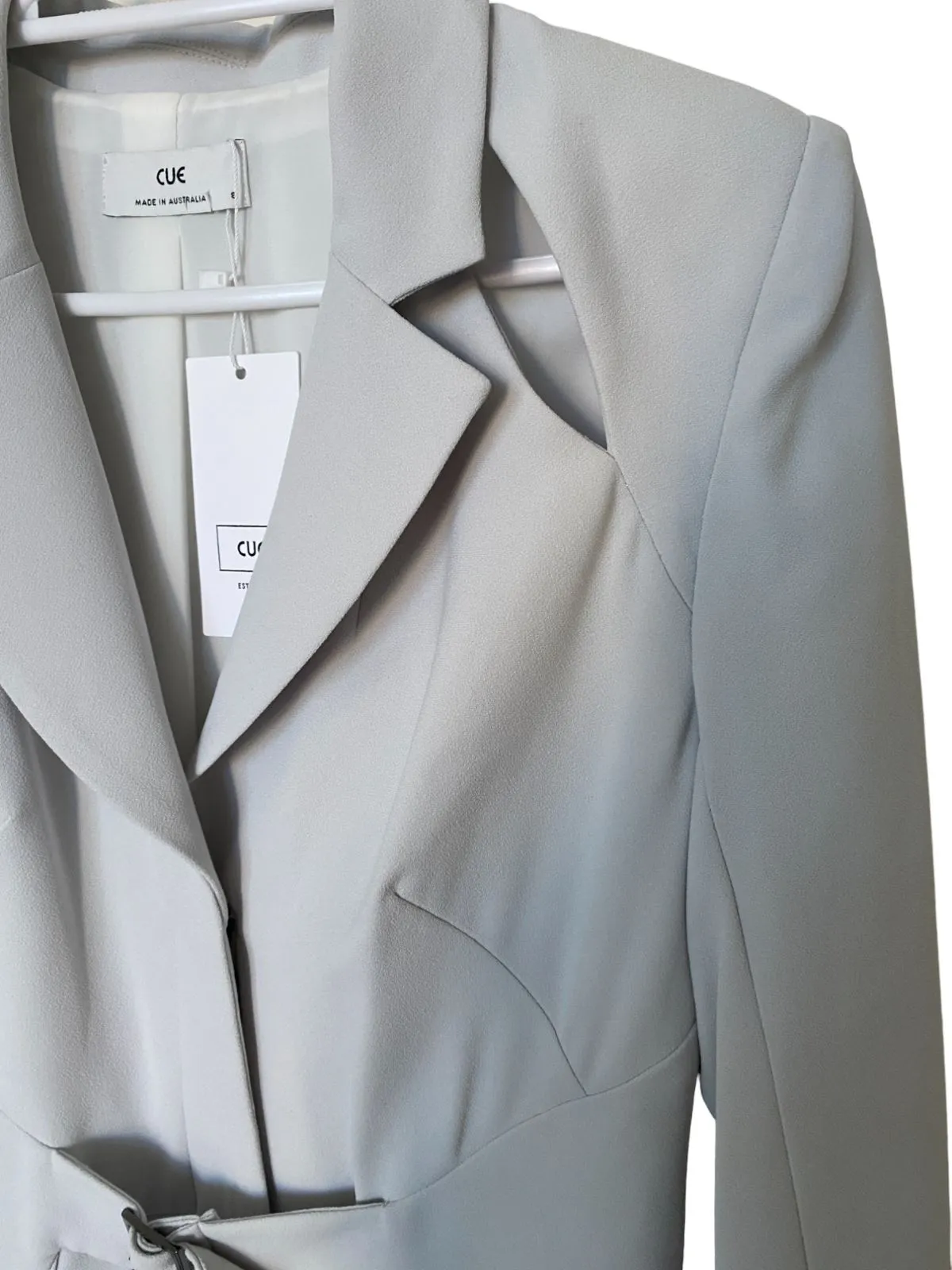 CUE Cut-Out Blazer Dress | Light Grey, Jacket, Shoulder Pads,  Pleated, Belted