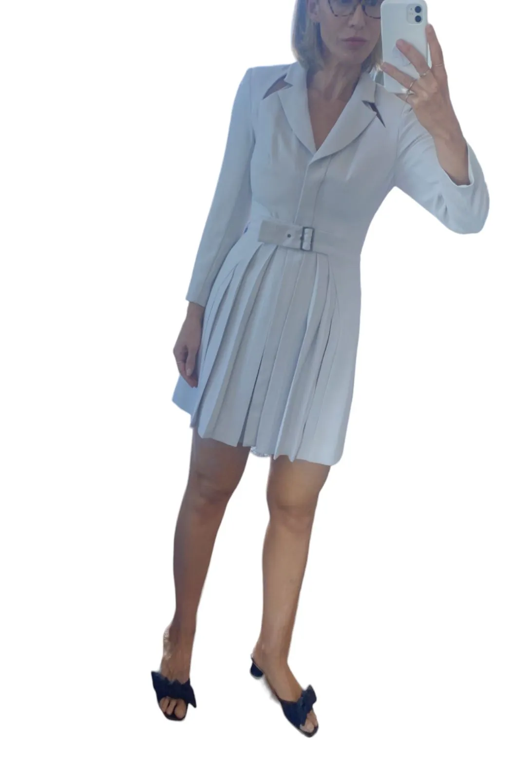 CUE Cut-Out Blazer Dress | Light Grey, Jacket, Shoulder Pads,  Pleated, Belted