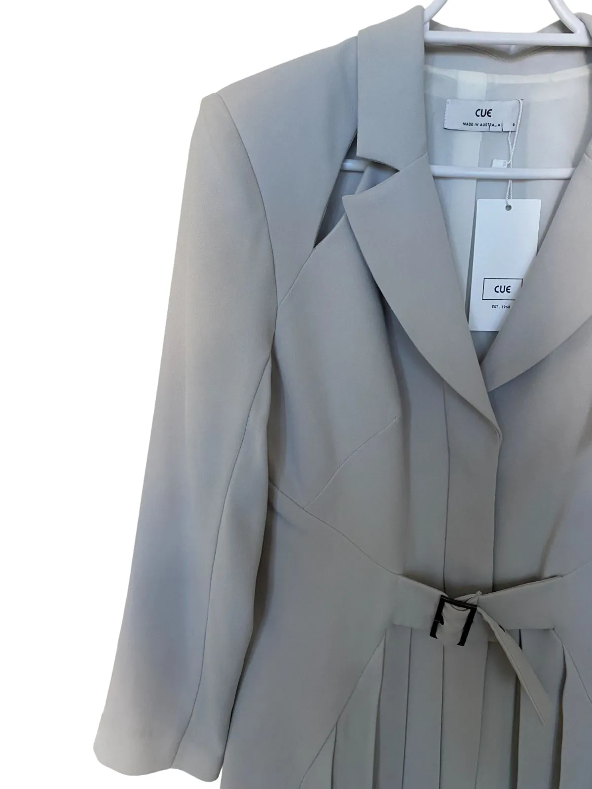 CUE Cut-Out Blazer Dress | Light Grey, Jacket, Shoulder Pads,  Pleated, Belted