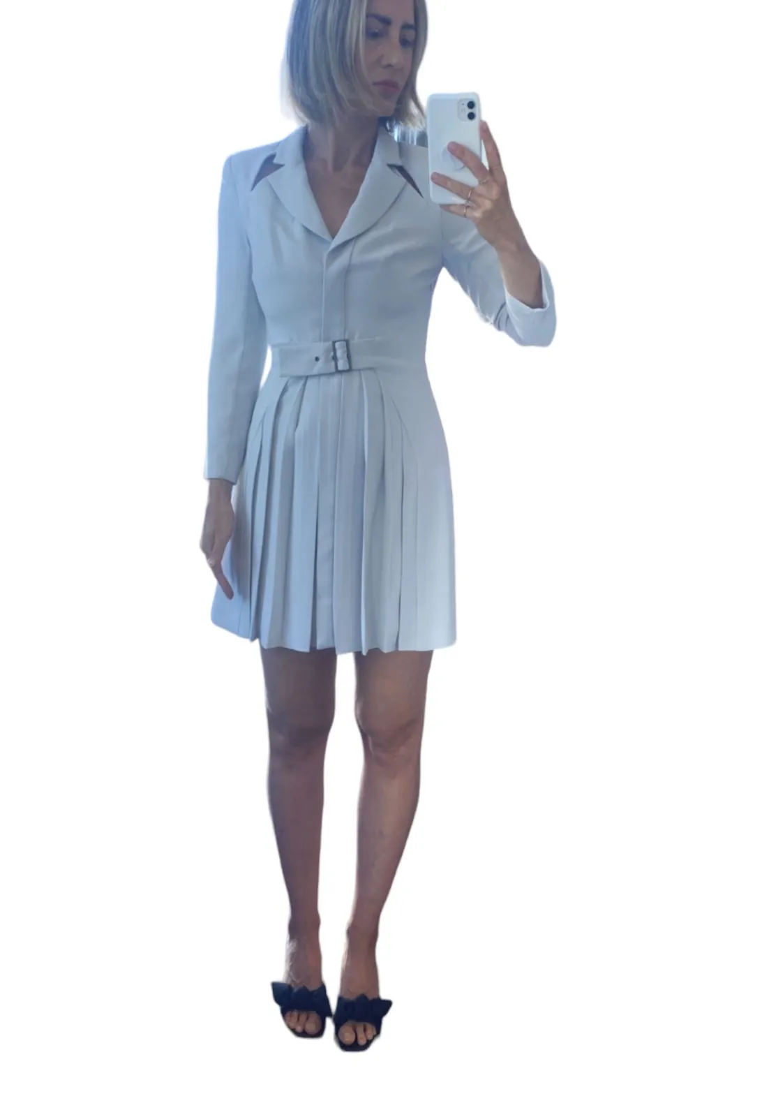 CUE Cut-Out Blazer Dress | Light Grey, Jacket, Shoulder Pads,  Pleated, Belted