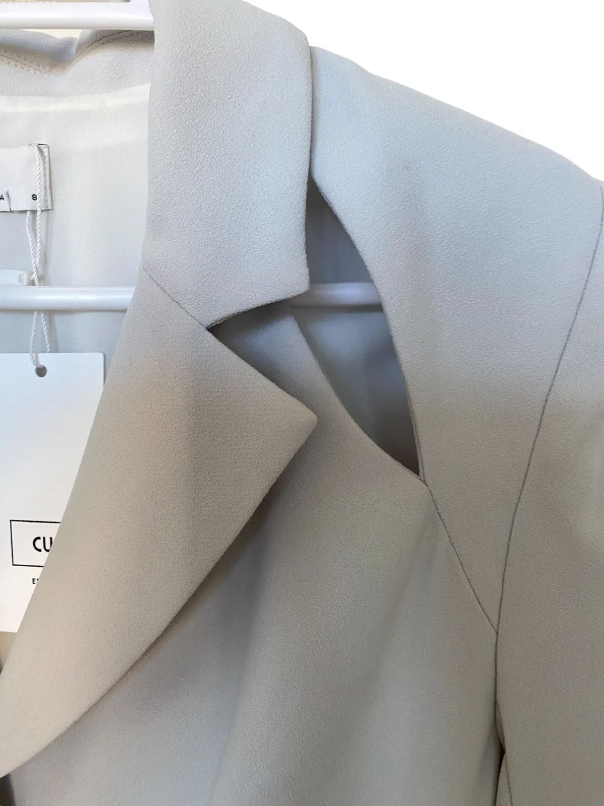 CUE Cut-Out Blazer Dress | Light Grey, Jacket, Shoulder Pads,  Pleated, Belted