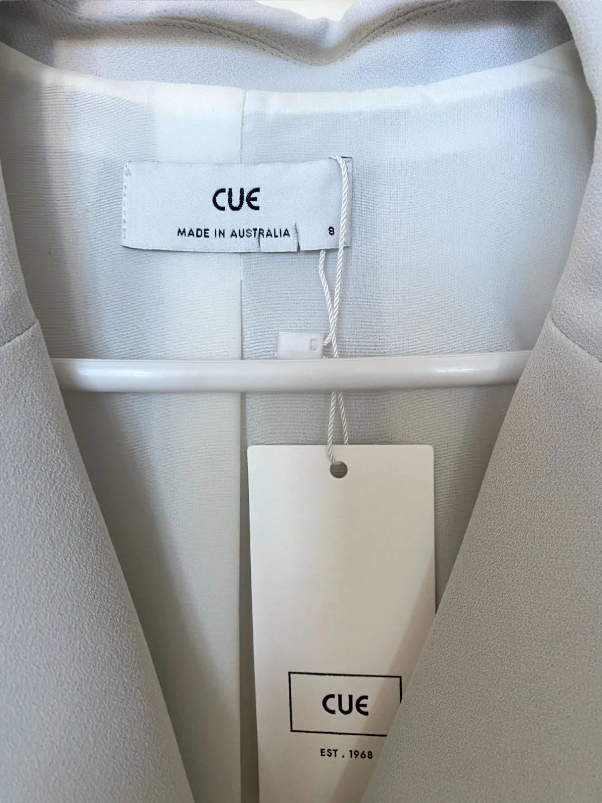 CUE Cut-Out Blazer Dress | Light Grey, Jacket, Shoulder Pads,  Pleated, Belted