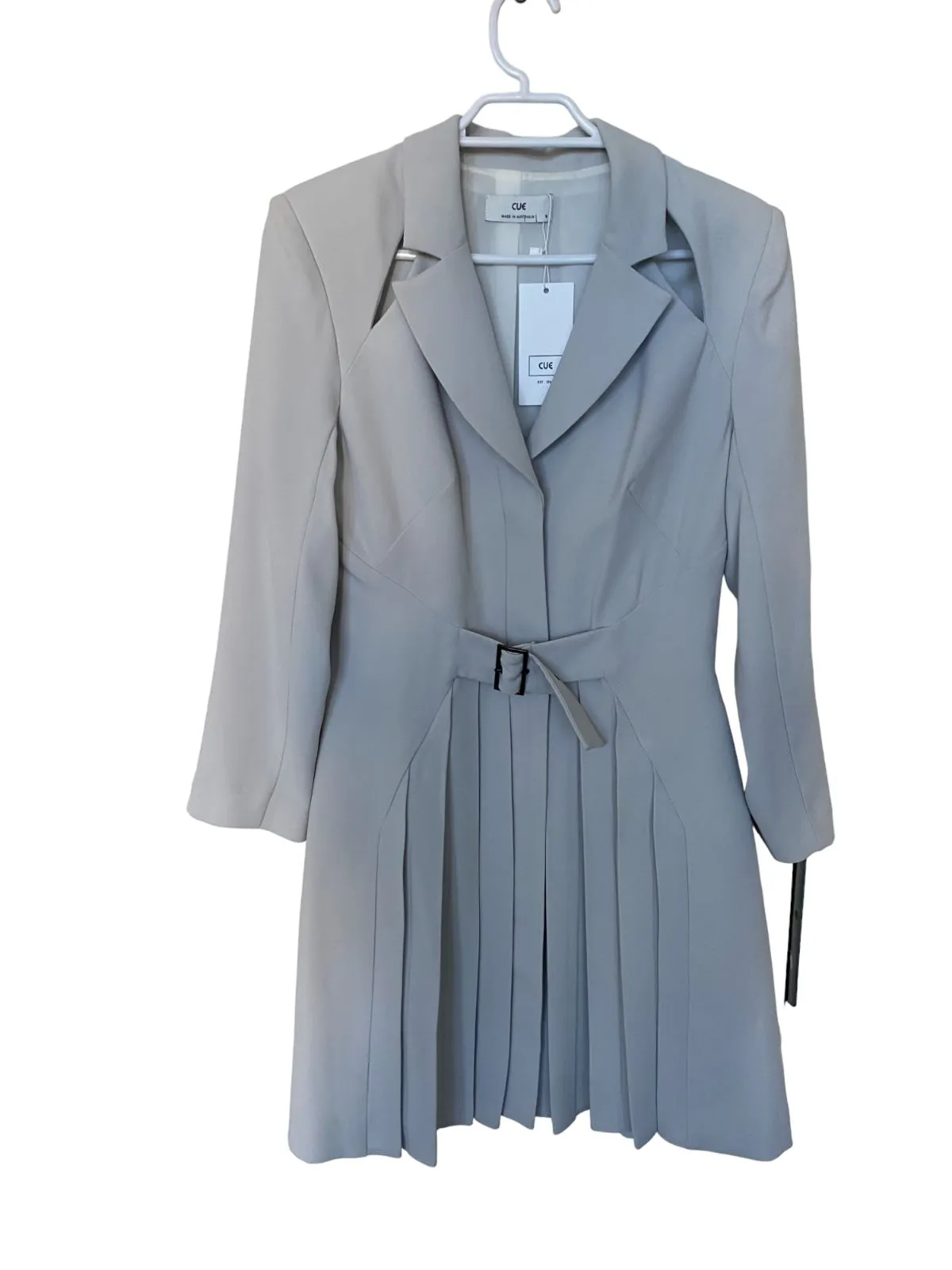 CUE Cut-Out Blazer Dress | Light Grey, Jacket, Shoulder Pads,  Pleated, Belted