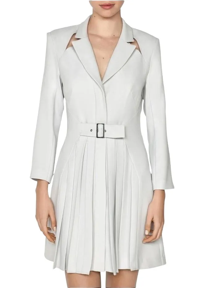 CUE Cut-Out Blazer Dress | Light Grey, Jacket, Shoulder Pads,  Pleated, Belted