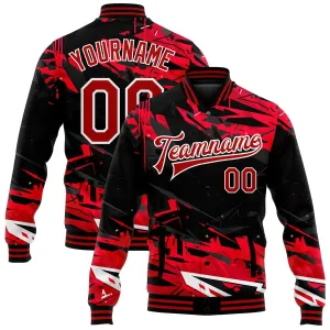 Custom Graffiti Pattern Red-White Dark Black Abstract Urban Street Art 3D Bomber Full-Snap Varsity Letterman Jacket