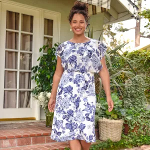 Daphne Blue Floral Chiffon Popover Dress