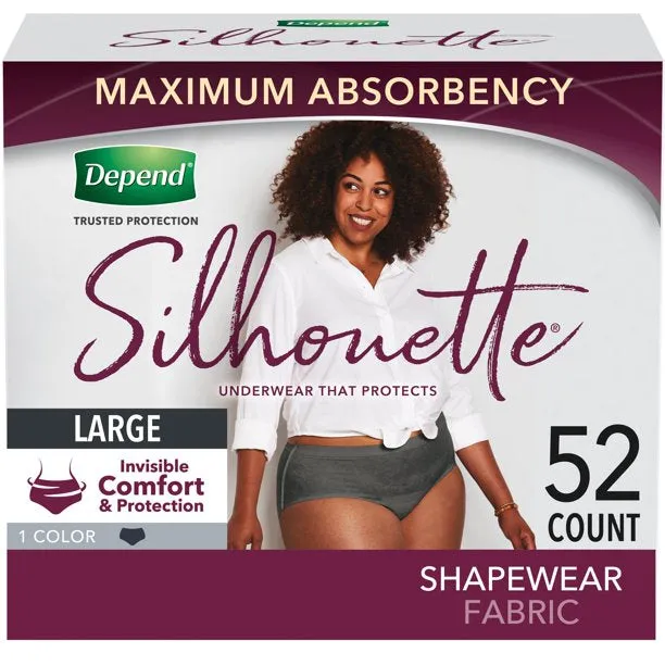 Depend Silhouette 54230 Incontinence Underwear for Women, Maximum Absorbency, L, Black, 52ct