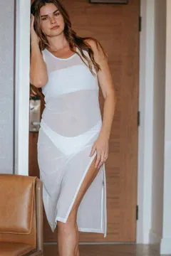 ESCAPE MESH ASYMMETRICAL SKIP MIDI TANK DRESS