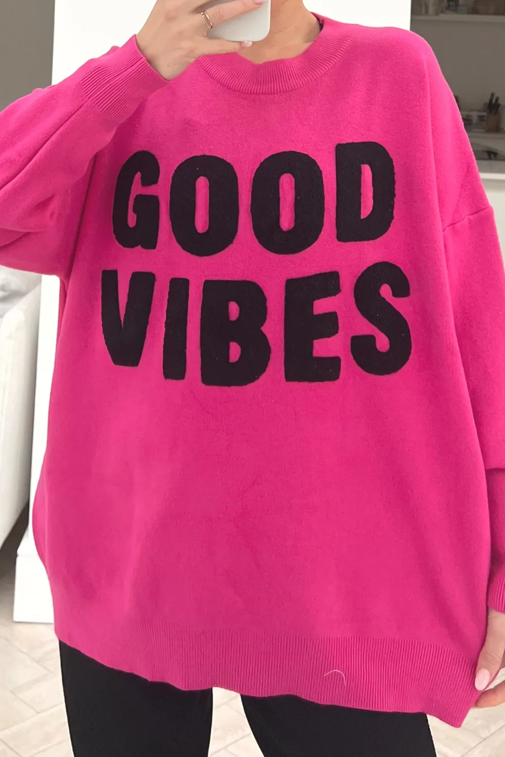 Good vibes pink & black embroidered knitted jumper