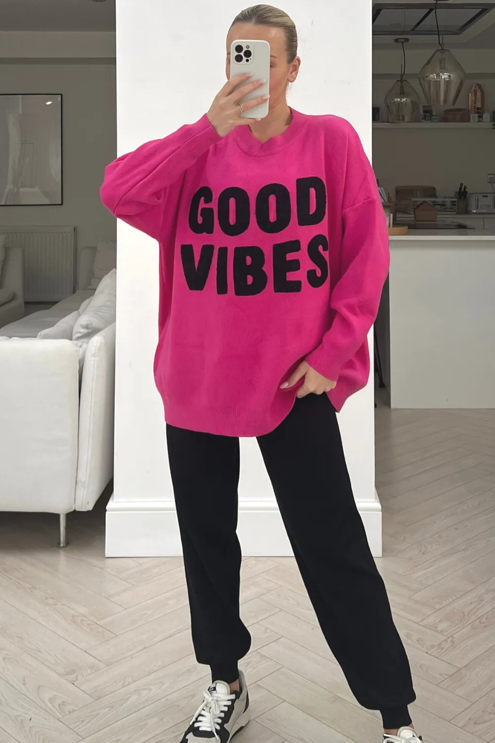 Good vibes pink & black embroidered knitted jumper
