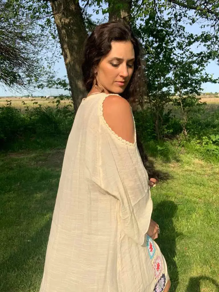 Granny Square High Low Hem Dress Ivory