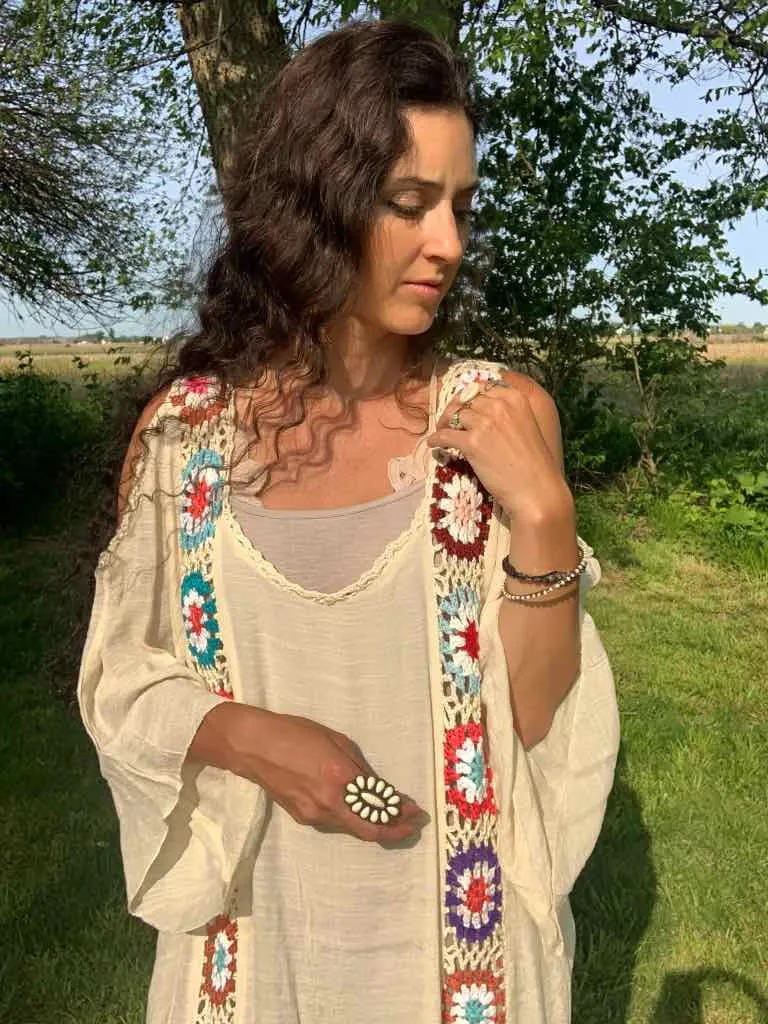 Granny Square High Low Hem Dress Ivory
