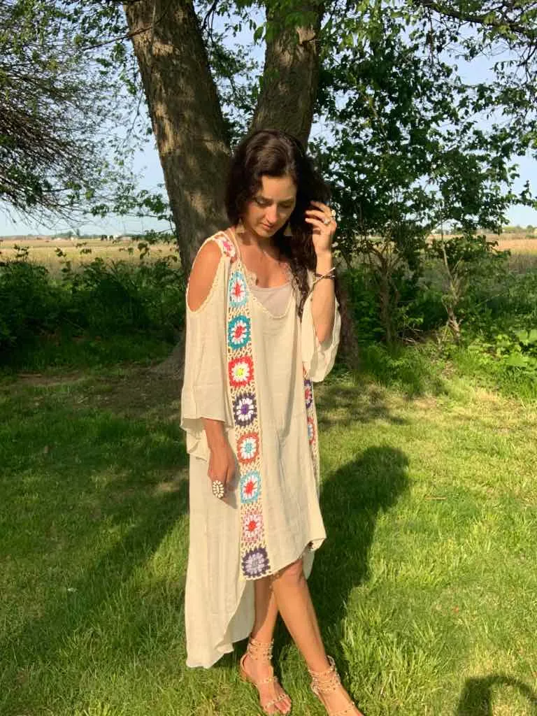 Granny Square High Low Hem Dress Ivory