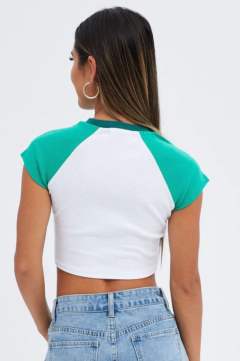 Green Tee Contrast Short Sleeve Round Neck Graphic