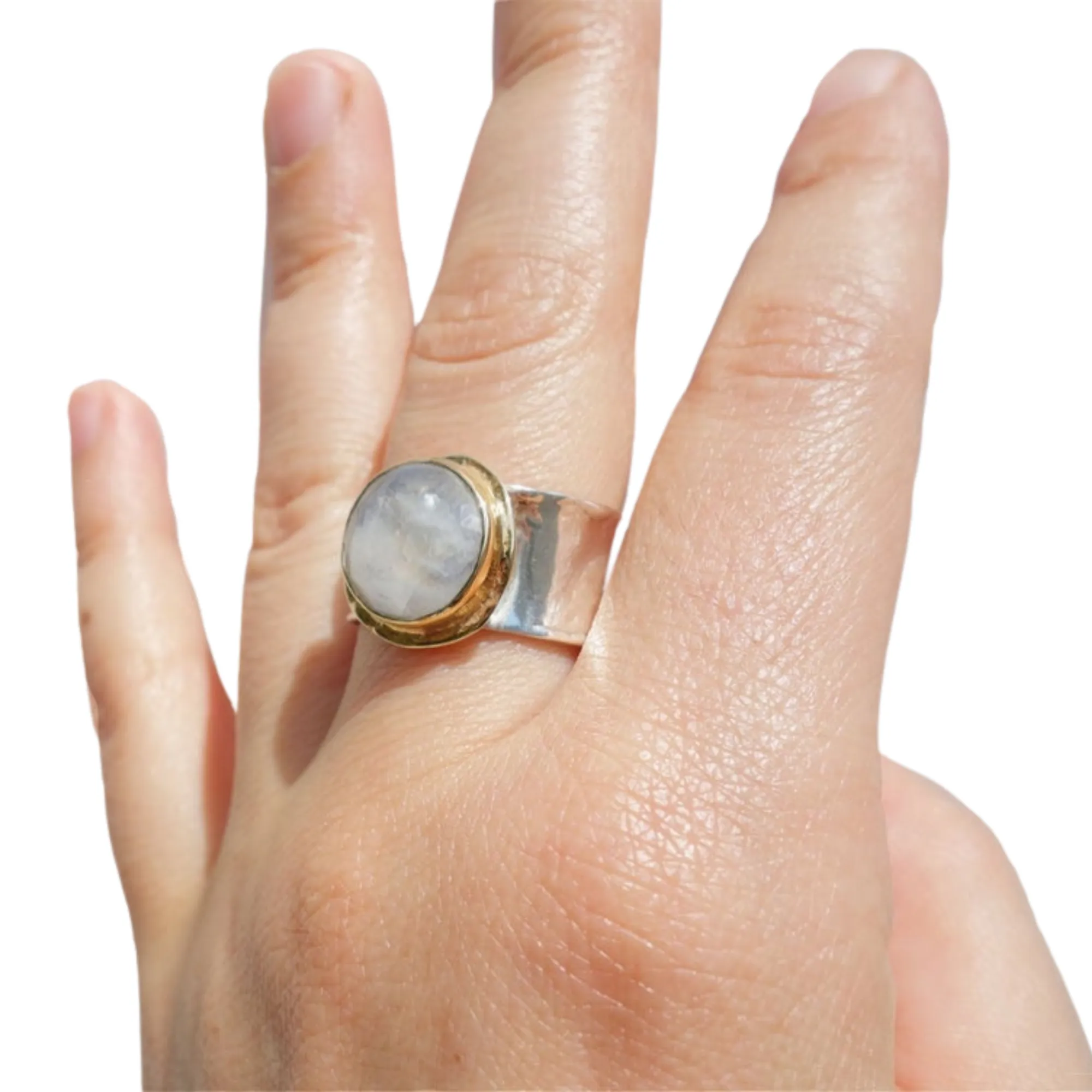 Hadar Designers Handmade 9k Yellow Gold 925 Silver Moonstone Ring
