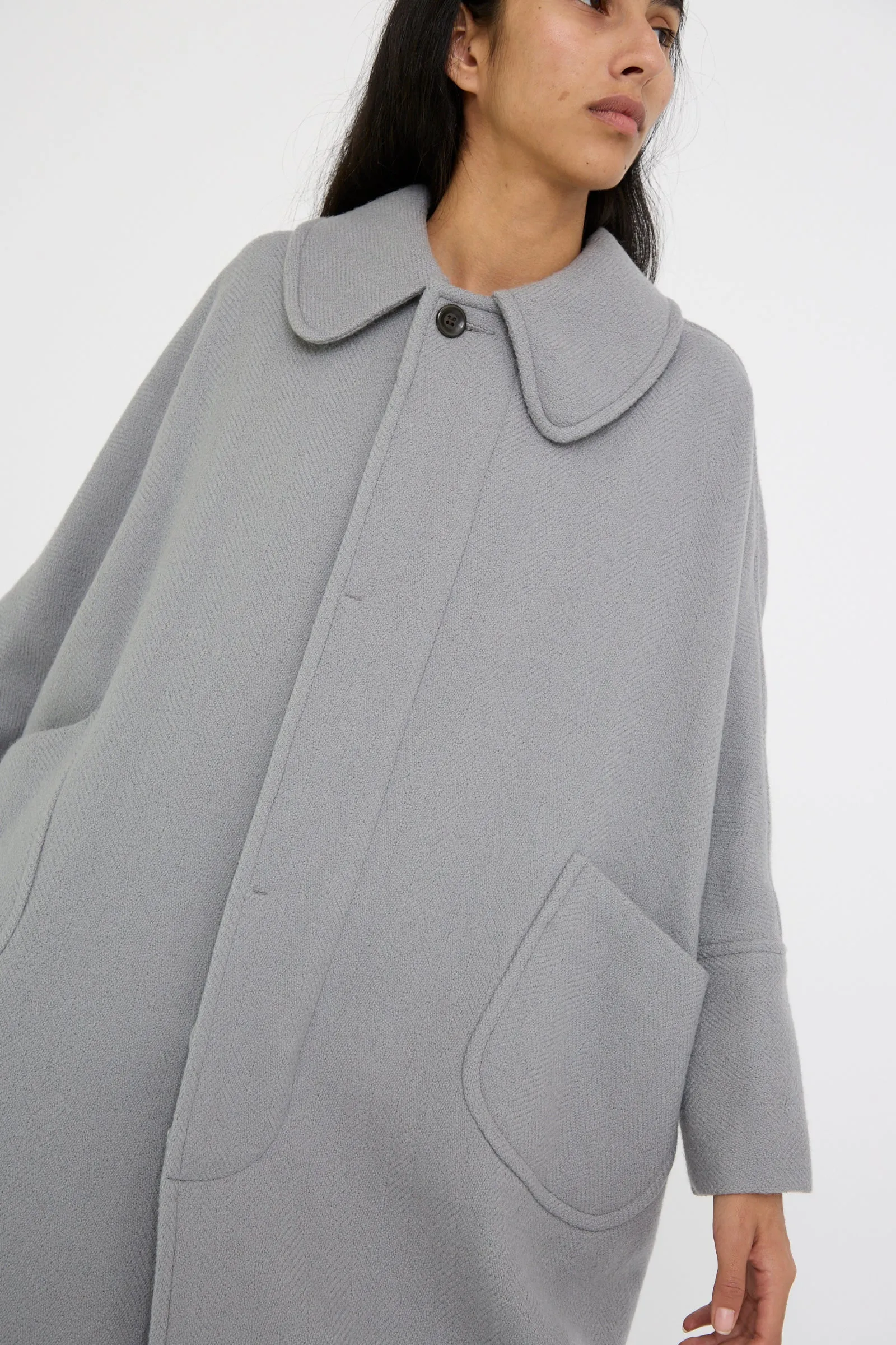 Herringbone Shetland Wool Dolman Sleeve Coat in Gray