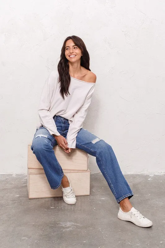 High Rise Rigid Slim Straight Jeans With Distress