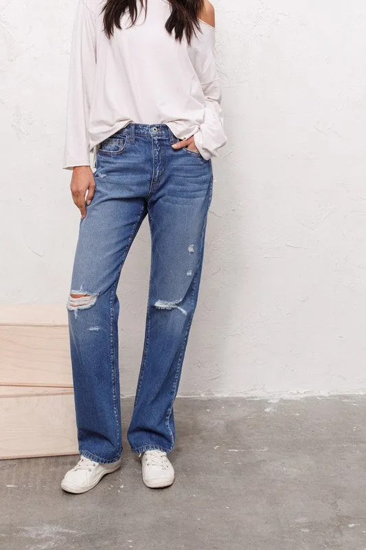 High Rise Rigid Slim Straight Jeans With Distress