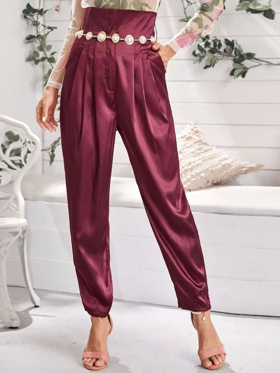 High Waist Pleated Satin Carrot Pants Without Belt