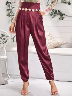 High Waist Pleated Satin Carrot Pants Without Belt