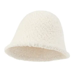 ililily Bell Shape Knitted Sherpa Fur Bucket Hat Soft Winter Fedora Hat