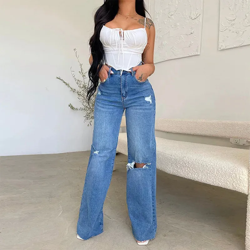 Joan's Wide Leg Pants Denim High Waist Zipper Fly Washing Holes Pockets High Street Jeans