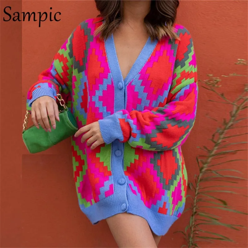 Joskaa Christmas Gift Sampic Fashion Y2K 2024 Women Loose Winter Basic V Neck Oversized Knitwear Cardigans Knitted Plaid Sweater Cardigans Tops